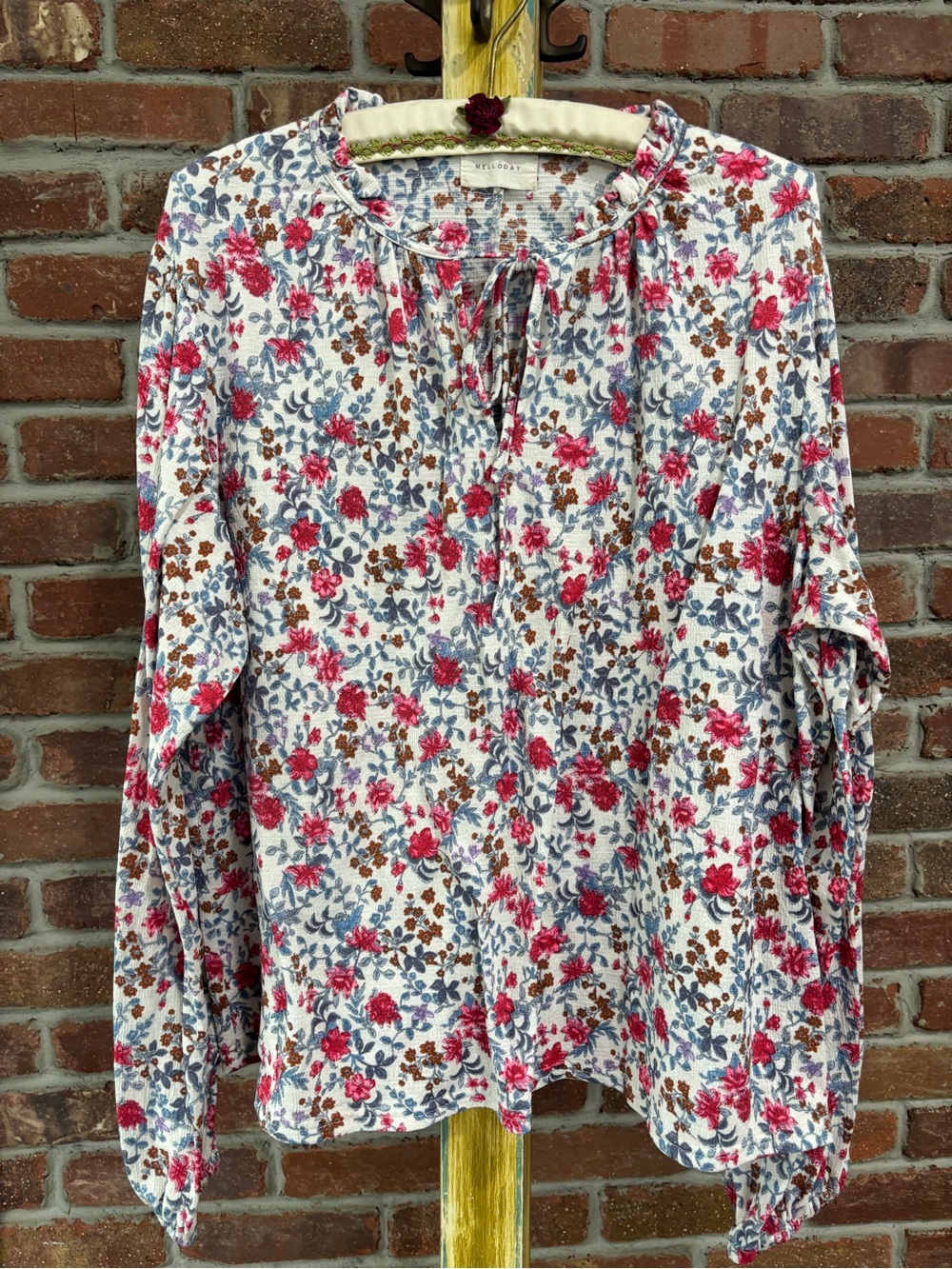 Floral Tie-Neck Long Sleeve Top - Pink Multi